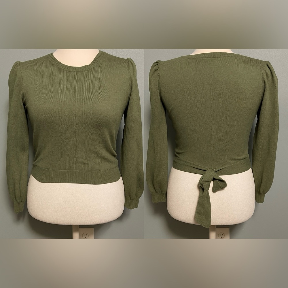 Women’s Olive Green Long Sleeve Sweater Crop Top Puff Shoulder Tie Back Medium